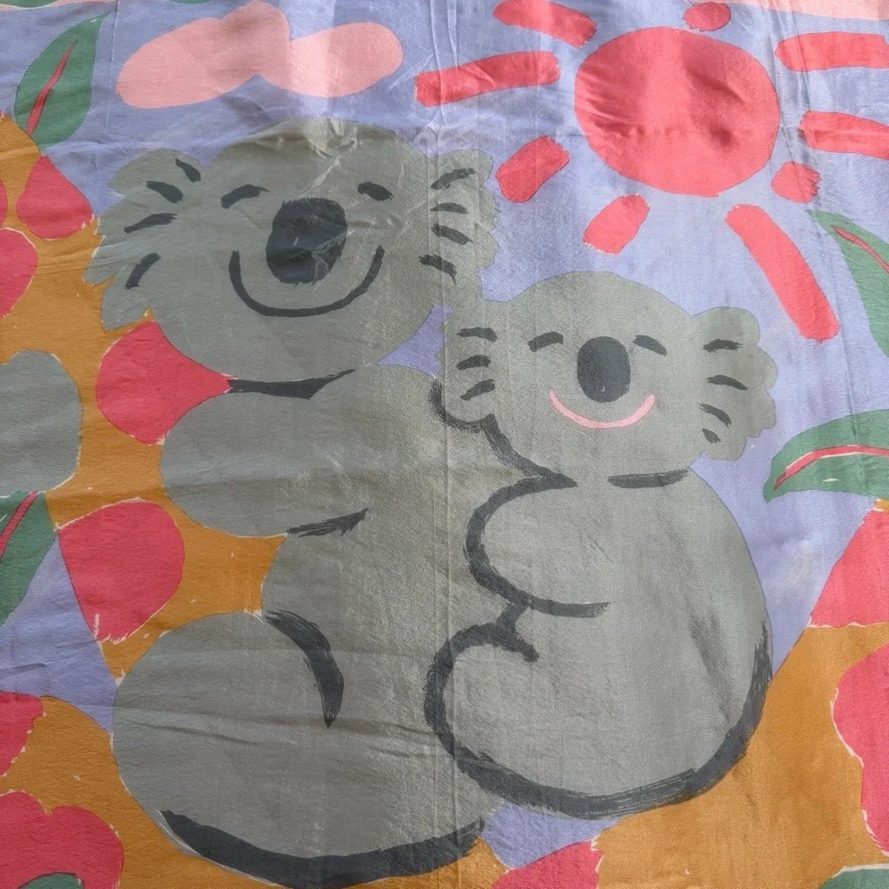 KEN DONE 1986 Vintage Silk Scarf 29” Pink Koalas Sun Australia 100% Silk